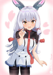  black_pantyhose blunt_bangs blush chocolate dress female gradient_background grey_hair hair_ribbon headgear highres kantai_collection long_hair looking_at_viewer murakumo_(kancolle) murakumo_kai_ni_(kancolle) necktie ochikata_kage open_mouth orange_eyes pantyhose red_necktie ribbon sailor_dress short_eyebrows sidelocks solo strapless strapless_dress tress_ribbon valentine 