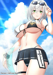  arm_strap artist_name bikini blush breasts commentary eyewear_on_head female green_eyes grey_hair hellandheaven highres hololive large_breasts navel patreon_username shirogane_noel shirogane_noel_(summer_2020) short_hair solo sunglasses swimsuit thigh_strap underboob virtual_youtuber wavy_hair 