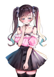  absurdres bare_shoulders black_choker black_skirt black_thighhighs blue_hair blush bow brown_eyes brown_hair choker closed_mouth commentary_request female hairbow half-closed_eyes hand_up highres long_hair makiaato multicolored_hair off-shoulder_shirt off_shoulder original pink_shirt pleated_skirt puffy_short_sleeves puffy_sleeves shirt short_sleeves simple_background skirt solo standing thighhighs twintails two-tone_hair very_long_hair white_background white_bow 