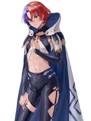  1boy alear_(fire_emblem) alear_(male)_(fire_emblem) black_pants blue_eyes blue_hair blue_nails cape commentary_request cowboy_shot crop_top fire_emblem fire_emblem_engage heterochromia high_collar highres leggings long_sleeves male_focus midriff multicolored_hair nail_polish navel pants red_eyes red_hair sage_outfit_(fire_emblem_engage) short_hair simple_background solo standing stomach thighs tomo_shirasu white_background white_cape 