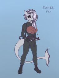  anthro canid canid_demon canine clothing demon female fish gun hair_to_side heckler_and_koch hellhound helluva_boss hermitpioneer hi_res holding_gun holding_object holding_ranged_weapon holding_weapon loona_(helluva_boss) mammal marine mythological_canine mythological_creature mythology ranged_weapon shark solo submachine_gun ump-45 uniform weapon 