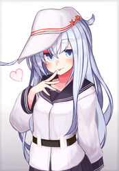  bad_id bad_twitter_id belt blue_eyes blush female flat_cap grey_background grey_hair hair_between_eyes hammer_and_sickle hat heart hibiki_(kancolle) highres kantai_collection long_hair long_sleeves pleated_skirt reitou_mikan sailor_collar simple_background skirt solo star_(symbol) tongue verniy_(kancolle) white_hat 