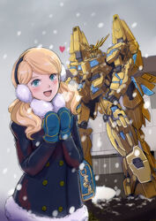  bag blonde_hair blue_eyes blush building coat commentary_request earmuffs female gacha-m green_eyes gundam gundam_narrative heart long_hair long_sleeves looking_at_viewer mecha mechanical_wings mittens nt-d photoshop_(medium) rita_bernal robot shield shoulder_bag snow solo standing statue unicorn_gundam_phenex upper_body wavy_hair wings winter winter_clothes winter_coat 