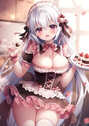  :d black_dress black_sleeves blurry blurry_background blush bow bow_panties breasts candy chocolate commentary_request cowboy_shot depth_of_field detached_sleeves dress female food fruit grey_hair hair_between_eyes heart heart-shaped_chocolate holding holding_food holding_plate indoors kyuketsuki-chan_(mitsuba_choco) large_breasts long_hair looking_at_viewer maid_headdress mitsuba_choco oerba_yun_fang open_mouth original panties petals plate puffy_short_sleeves puffy_sleeves red_eyes short_sleeves smile solo strawberry thighhighs twitter_username underwear very_long_hair white_panties white_thighhighs 