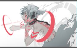  1boy bare_shoulders binary collar cyberpunk english_text grey_hair male_focus nude original red_eyes science_fiction solo tattoo teeth ysk_(yusuke) 