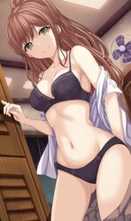  ass_visible_through_thighs bad_id bad_twitter_id bang_dream! bare_shoulders black_bra black_panties bra breasts brown_hair brown_skirt closed_mouth clothes_pull collarbone cowboy_shot female green_eyes highres imai_lisa long_hair looking_at_viewer medium_breasts narafume navel off_shoulder open_clothes open_shirt panties ponytail shirt skirt skirt_pull smile solo spaghetti_strap stomach thighs underwear white_shirt 