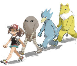  absurd_res ambiguous_gender anthro clothed clothing elaine_(pokemon) female footwear generation_1_pokemon golduck group hat head_gem headgear headwear hi_res hitmonlee humanoid hypno_(pokemon) nintendo pendulum perokisu pokemon pokemon:_let&#039;s_go pokemon_(species) shoes simple_background walking white_background 