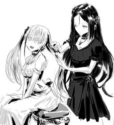  2girls alternate_costume brushing_another&#039;s_hair brushing_hair chair chika_(keiin) destroyer_(girls&#039;_frontline) dreamer_(girls&#039;_frontline) dress flower girls&#039;_frontline greyscale hair_brush hair_flower hair_ornament highres long_hair monochrome multiple_girls sangvis_ferri siblings sisters smile twintails 