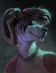  2020 anthro big_fangs black_sclera bovid_horn bust_portrait canid canid_demon canine canis caprine_horn collar demon digital_media_(artwork) digital_painting_(artwork) domestic_dog ear_piercing empty_eye_sockets eyebrow_piercing facial_piercing fangs female floppy_ears hair hellhound hi_res horn mammal messy_hair mythological_canine mythological_creature mythology nude piercing portrait ram_horn restricted_palette rhyu sabertooth_(anatomy) selenia_comedat simple_background solo studded_collar studs teeth whiskers 