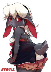  :&lt; absurd_res accessory alternative_fashion anthro ass bare_shoulders bloomers blush bottomwear bow_ribbon breasts bustier clothed clothing ears_down female fur furgonomics grey_body grey_fur hair hair_accessory hairband hi_res j-fashion kemono lagomorph leporid looking_at_viewer looking_back magiace mammal pivoted_ears ponytail rabbit rear_view red_eyes shirt_collar simple_background skirt snugy_(magiace) solo standing tail_under_skirt white_background white_hair 