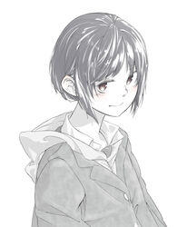  12_graka blush brown_eyes coat commentary female greyscale highres hood hoodie monochrome original school_uniform short_hair solo spot_color white_background 