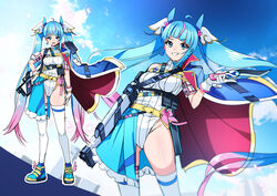  adapted_costume alternate_costume asymmetrical_clothes blue_cape blue_eyes blue_footwear blue_hair bodysuit boots cape commentary cure_sky earrings female gloves gradient_background gradient_hair hair_ornament happy highres hirogaru_sky!_precure jewelry light_blue_hair long_hair looking_at_viewer magical_girl multicolored_hair multiple_views pink_hair precure red_cape rumo smile sora_harewataru standing streaked_hair thighhighs thighs twintails two-sided_cape two-sided_fabric very_long_hair white_bodysuit white_gloves 