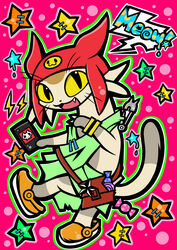  2014 alien anthro betelgeusian candy chico clothing colorful_theme dessert digital_media_(artwork) electronics felid food footwear fur hat headgear headwear hi_res male mammal meow_(space_dandy) open_mouth phone satchel shoes solo space_dandy star superflat whiskers y2k_(graphic_design) 