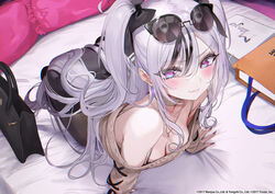  all_fours azur_lane bag bare_shoulders bed black_bra black_skirt blue_eyes bow bra bra_peek bra_strap breasts brown_choker brown_pantyhose brown_sweater choker cleavage commentary_request downblouse elbe_(azur_lane) elbe_(pure-hearted_bad_girl)_(azur_lane) eyewear_on_head female from_above hairbow jewelry long_hair long_sleeves looking_at_viewer medium_breasts multi-strapped_bra multicolored_eyes multicolored_hair necklace nekometaru off-shoulder_sweater off_shoulder official_alternate_costume official_art on_bed over-rim_eyewear pantyhose partial_commentary pencil_skirt purple_eyes semi-rimless_eyewear sidelocks skirt smile solo streaked_hair sunglasses sweater two_side_up underwear v-shaped_eyebrows very_long_hair wavy_mouth white_hair 