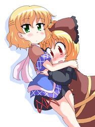  2girls blonde_hair blush bow brown_bow brown_dress chibi commentary_request dress geetsu green_eyes hairbow hug jaggy_lines kurodani_yamame long_sleeves medium_hair mizuhashi_parsee multiple_girls oekaki open_mouth red_eyes shadow short_sleeves touhou white_background yuri 