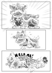  1other 2girls 3d chibi chika_(keiin) chinese_new_year costume dinergate_(girls&#039;_frontline) english_text falling girls&#039;_frontline greyscale highres lion_dance m4_sopmod_ii_jr m4a1_(girls&#039;_frontline) monochrome multiple_girls non-humanoid_robot o_o robot sangvis_ferri stuck sweatdrop worried 