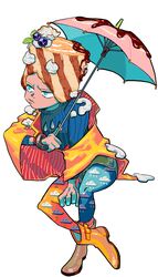  1boy alternate_costume blue_eyes blueberry bulzizzang chocolate_syrup food food_on_head fruit full_body green_shorts highres horned_hat invisible_chair jojo_no_kimyou_na_bouken leggings male_focus object_on_head orange_footwear pink_umbrella print_leggings shoes shorts simple_background sitting solo stone_ocean umbrella weather_report white_background 