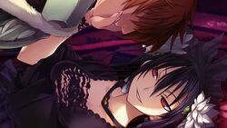  1boy black_dress black_hair bracelet breasts brown_hair cleavage collarbone dress female game_cg grin hair_between_eyes hair_ornament jewelry long_hair medium_breasts miracle_tou orion_(orionproject) rance rance_(series) rance_ix red_eyes short_hair short_sleeves smile 