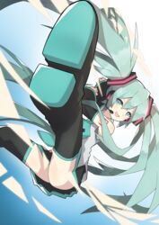  absurdres aqua_eyes aqua_hair aqua_necktie bare_shoulders black_skirt black_sleeves black_thighhighs boots commentary detached_sleeves female floating floating_hair foreshortening grey_shirt hair_ornament hatsune_miku headphones headset highres kashisuover long_hair looking_at_viewer miniskirt necktie open_mouth outstretched_legs pleated_skirt shirt shoe_soles shoulder_tattoo skirt sleeveless sleeveless_shirt smile solo tattoo thigh_boots thighhighs twintails v-shaped_eyebrows very_long_hair vocaloid 