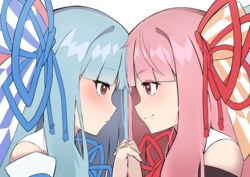  2girls absurdres bare_shoulders black_sleeves blue_hair blue_ribbon blue_sleeves blunt_bangs blush brown_eyes collar commentary detached_sleeves forehead-to-forehead hair_ribbon heads_together highres holding_hands incest kashisuover kotonoha_akane kotonoha_aoi light_blue_hair long_hair multiple_girls pink_hair red_ribbon ribbon siblings sisters smile upper_body voiceroid white_background white_collar yuri 