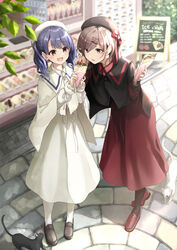  2girls absurdres beret black_cat black_hair black_pantyhose blurry blurry_background blurry_foreground brown_hair capelet crepe day dress feline food fukumaru_koito fuu_(fuore) hair_ornament hairclip hat highres higuchi_madoka idolmaster idolmaster_shiny_colors loafers long_dress long_sleeves medium_hair mole mole_under_eye multiple_girls oerba_yun_fang outdoors pantyhose purple_eyes red_dress red_footwear shoes short_hair skin_fang stone_floor swept_bangs twintails white_dress white_legwear 