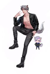  1boy 3d abs flirtatious flirting_look flirting_with_viewer full_color grin half-dressed handsome korean korean_male leather_clothing leather_jacket light-skinned_male light_skin looking_at_viewer male male_focus male_only muscular_male naughty_face naughty_smile nekomimi not_furry original_character peace_sign posing rape_face seduction seductive seductive_eyes seductive_gaze seductive_look seductive_mouth seductive_smile smirk tagme tail tailed_humanoid teasing toned_male tongue_out twink watermark white_hair 