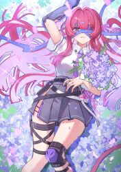  absurdres bandaged_head bandages black_skirt bouquet breasts chaos_zero_nightmare commentary english_commentary female field flower flower_field gauntlets highres holding holding_bouquet knee_pads large_breasts long_hair lying necktie on_back purple_eyes purple_hair purple_necktie rei_(chaos_zero_nightmare) shirt single_knee_pad skirt solo thighs very_long_hair white_shirt zriel 