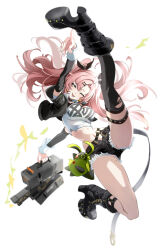 black_boots black_shorts black_thighhighs boots breasts female full_body green_eyes highres holding jacket large_breasts long_hair long_sleeves looking_at_viewer micro_shorts mole mole_on_thigh mole_under_eye navel nicole_demara niihatigounana open_clothes open_jacket open_mouth pink_hair shorts simple_background single_thighhigh smile solo stomach thigh_strap thighhighs torn_clothes torn_thighhighs two_side_up white_background zenless_zone_zero 