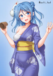  anti_(untea9) blue_eyes blue_hair breasts commentary_request dice female hair_bun highres japanese_clothes kantai_collection kimono large_breasts looking_at_viewer mask sarashi solo urakaze_(kancolle) urakaze_(yukata)_(kancolle) yukata 