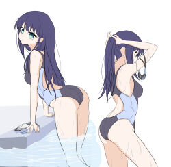  absurdres ass blue_hair breasts cho_kaguya-hime! commentary competition_swimsuit female goggles green_eyes highres long_hair looking_at_viewer medium_breasts mole mole_under_eye multiple_girls one-piece_swimsuit ponytail sakayori_iroha swimsuit tying_hair unworn_goggles wet yukiguni773 
