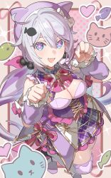  ahoge alternate_costume animal_ear_hairband animal_ears breasts cat_background cat_ear_hairband cat_ears cleavage commentary commission diamond-shaped_pupils diamond_(shape) dress fake_animal_ears female hairband highres honkai_(series) honkai_impact_3rd karame_rise kiana_kaslana kiana_kaslana_(herrscher_of_finality) large_breasts long_hair looking_at_viewer open_mouth paw_pose purple_dress second-party_source smile solo symbol-shaped_pupils untranslatable_commentary very_long_hair white_hair 
