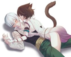  1boy animal_ears assertive_female blue_eyes blush brown_eyes brown_hair chinese_commentary closed_mouth commentary_request cosplay couple cyacyacyacyaki dress female gradient_clothes gradient_dress green_pants highres kemonomimi_mode ochette_(octopath_traveler) ochette_(octopath_traveler)_(cosplay) octopath_traveler octopath_traveler_ii one_eye_closed open_mouth pants purple_dress short_hair sideless_dress smile snake_tattoo straight tail tattoo temenos_mistral throne_anguis two-tone_dress white_background white_dress white_hair 
