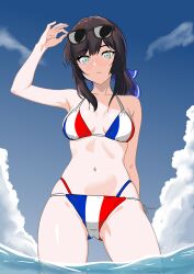  absurdres bikini black_hair blue_hairband blue_ribbon blue_sky blunt_sidelocks bone_namu_(namu49850) breasts cloud commentary_request day eyewear_on_head female flag_print flag_print_bikini freckles french_flag_bikini green_eyes hair_ribbon hairband highres kantai_collection long_hair looking_at_viewer medium_breasts mogador_(kancolle) multi-strapped_bikini_bottom navel outdoors print_bikini ribbon side-tie_bikini_bottom sidelocks sky solo sunglasses swimsuit 
