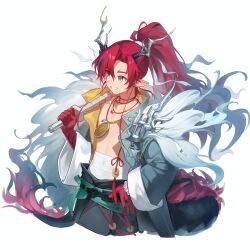  1boy absurdres arknights bead_bracelet beads blue_eyes blue_hair blue_jacket bracelet colored_extremities commentary dragon_boy dragon_horns dragon_tail gradient_hair grin hand_on_own_hip highres horns jacket jewelry long_hair looking_to_the_side male_focus multicolored_hair necklace no_shirt open_clothes open_jacket red_hair reizu sidelocks smile solo tail weapon yu_(arknights) 