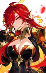  absurdres biker_clothes black_bodysuit black_gloves black_jacket blonde_hair bodysuit breasts cleavage commentary cowlick cropped_jacket female genshin_impact gloves hand_on_own_hip highres holding holding_removed_eyewear jacket large_breasts long_hair long_sleeves looking_at_viewer making-of_available mavuika_(genshin_impact) multicolored_hair one_eye_closed open_clothes open_jacket orange_eyes orange_hair red_hair simple_background smile solo sugarcanedove sunglasses unworn_eyewear upper_body white_background zipper zipper_pull_tab 