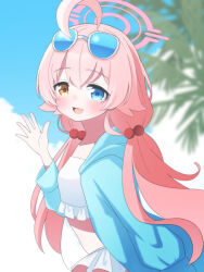  absurdres ahoge bikini bikini_skirt blue_archive blue_eyes blue_jacket blue_sky blush cloud cloudy_sky collarbone commentary_request cowboy_shot crossed_bangs eyewear_on_head female frilled_bikini frills from_side hair_between_eyes hair_bobbles hair_flaps hair_ornament halo heterochromia highres hood hood_down hooded_jacket hoshino_(blue_archive) hoshino_(swimsuit)_(blue_archive) huge_ahoge jacket long_hair long_sleeves low_twintails oerba_yun_fang official_alternate_costume open_clothes open_jacket orange_eyes outdoors palm_tree petako_(ptpt_k) pink_hair pink_halo sidelocks skin_fang sky solo sunglasses swimsuit tree twintails very_long_hair waving white_background white_bikini 