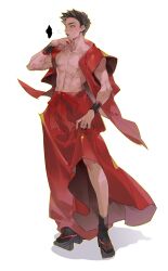  1boy abs black_socks brown_hair commentary_request full_body geta green_eyes hakama hand_on_own_face heavy_breathing highres jacket jacket_partially_removed japanese_clothes lifting_own_clothes looking_to_the_side male_focus muscular muscular_male open_mouth original pectorals red_hakama red_jacket simple_background socks solo spiked_hair standing sweat tetsuuut topless_male white_background wristband 