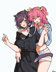  2girls absurdres animal_ears black_dress bloomfesruii blue_background blue_shirt brown_eyes brown_hair cat_ears cat_girl cat_tail collar commentary dress english_commentary hair_ribbon hand_on_another's_waist highres holding_hands interlocked_fingers kemonomimi_mode leash_in_mouth momoi_airi multiple_girls pink_eyes pink_hair project_sekai ribbon shinonome_ena shirt short_hair shorts simple_background tail tail_around_another's_waist two_side_up white_shorts yellow_ribbon yuri 