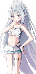  ahoge bare_shoulders bikini bikini_ribbon blue_eyes blue_hairband blush breasts collarbone commentary_request female female_tyrant_(stella_sora) female_tyrant_(swimsuit)_(stella_sora) frilled_bikini frills grey_hair hair_ornament hairband halterneck highres key long_hair looking_at_viewer navel official_alternate_costume ribbon simple_background small_breasts solo star_(symbol) stella_sora stomach sweat swimsuit symbol-shaped_pupils thigh_strap thighs tomato_greening two-tone_ribbon tyrant_(stella_sora) very_long_hair white_background white_bikini 