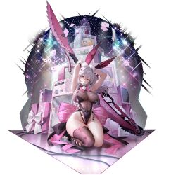  absurdres animal_ears arms_behind_head artist_request back_bow black_leotard black_shoes bow bowtie breasts card daiblos_core female green_eyes hair_ornament highres kneeling large_breasts leotard long_hair naglering_(daiblos_core) pink_bow pink_bowtie playing_card pom_pom_(clothes) rabbit_ears rabbit_hair_ornament shoes single_thighhigh solo thighhighs weapon white_bow 