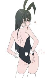  absurdres animal_ears ass bare_back bare_shoulders black_eyes black_hair black_leotard blunt_bangs commentary_request cowboy_shot detached_collar fake_tail female from_behind hand_on_own_ass heart highres hime_cut leotard long_hair looking_back median_furrow original playboy_bunny profile rabbit_ears rabbit_tail simple_background solo straight_hair strapless strapless_leotard tail thighhighs usurai_rairai white_background white_thighhighs white_wrist_cuffs wrist_cuffs 