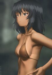  absurdres andou_(girls_und_panzer) artist_name bikini black_hair blurry blurry_background breasts brown_bikini brown_eyes commentary cowboy_shot dark-skinned_female dark_skin expressionless female flintard girls_und_panzer hand_on_own_hip highres long_hair medium_breasts midriff swimsuit tan tanlines 
