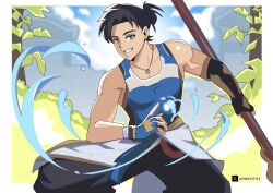 1boy artist_name asymmetrical_gloves bare_shoulders belt black_hair black_pants blue_belt blue_tank_top bodysuit brown_eyes clothes_around_waist cloud collarbone covered_abs covered_pectorals dynamic_pose earrings elbow_gloves fighting_stance fingerless_gloves gloves hair_bun holding holding_behind_back holding_polearm holding_weapon holding_weapon_behind_back hydrokinesis jade_(gemstone) jewelry looking_at_viewer necklace overwatch pants pectorals pelvic_curtain pendant polearm rectangular_earrings sidepec single_earring single_elbow_glove sky sleeveless sleeveless_bodysuit smile tank_top tight_clothes toned toned_male topknot uneven_gloves user_mtwp7388 water weapon wuyang_(overwatch) yaopei 