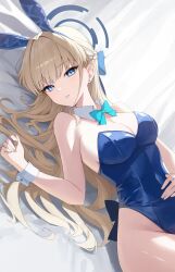  absurdres animal_ears aqua_bow aqua_bowtie blonde_hair blue_archive blue_eyes blue_halo blue_leotard bow bowtie breasts cleavage commentary_request detached_collar ear_piercing fake_animal_ears fake_tail female halo hand_on_own_stomach highres korean_commentary leotard looking_at_viewer lying medium_breasts official_alternate_costume on_back piercing playboy_bunny rabbit_ears rabbit_tail solo tail toki_(blue_archive) toki_(bunny)_(blue_archive) white_wrist_cuffs wrist_cuffs yeohye_s2 