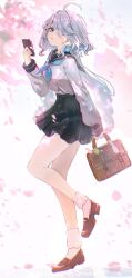  absurdres ahoge alternate_costume bag black_sailor_collar black_shoes black_skirt blue_eyes blue_hair blue_neckerchief blue_pupils cellphone cherry_blossoms commentary_request eyes_visible_through_hair falling_petals female from_side full_body furina_(genshin_impact) genshin_impact hair_over_one_eye heterochromia highres holding holding_bag holding_phone loafers long_hair looking_at_viewer looking_to_the_side miniskirt multicolored_hair neckerchief parted_lips petals phone pleated_skirt sailor_collar school_bag shirt shoes skirt smartphone socks solo standing standing_on_one_leg streaked_hair tennensui_(midorinokaibutu4500) two-tone_hair white_hair white_shirt white_socks 