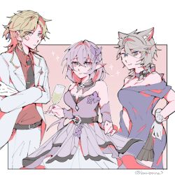  1boy 2girls alternate_costume animal_ears belt blonde_hair blue_eyes bow breasts butterfly_hair_ornament castorice_(gossamer_flutter)_(honkai:_star_rail) castorice_(honkai:_star_rail) cat_ears cat_girl choker cipher_(honkai:_star_rail) collared_shirt commentary_request crossed_arms cup detached_collar detached_sleeves dress floral_print gloves grey_hair hair_ornament highres holding holding_cup honkai:_star_rail honkai_(series) jacket kaniparu3 layered_dress light_smile multiple_girls mydei_(honkai:_star_rail) necktie off_shoulder official_alternate_costume open_clothes open_jacket pants pointy_ears purple_eyes purple_hair shirt two-tone_background yellow_eyes 