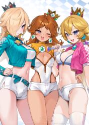  3girls absurdres aqua_jacket belt blonde_hair blue_belt blue_eyes breasts brooch brown_hair cleavage commentary crown earrings english_commentary flower_brooch flower_earrings gold_crown hair_over_one_eye hand_on_own_hip highres jacket jewelry mario_(series) micro_shorts mini_crown multiple_girls murmoruno navel one_eye_closed open_clothes open_jacket open_mouth pink_jacket princess_daisy princess_peach rosalina shorts silver_crown star_(symbol) star_brooch star_earrings thighhighs white_thighhighs yellow_jacket 