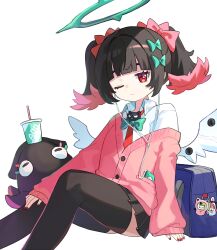  alternate_costume bag black_hair black_skirt black_thighhighs blue_bag blunt_bangs bow cardigan closed_mouth colored_inner_hair commentary cup drinking_straw earphones english_commentary feet_out_of_frame female green_bow green_halo hairbow halo highres invisible_chair looking_at_viewer miyako_draw multicolored_hair multiple_hair_bows nangong_yu necktie one_eye_closed pink_cardigan red_eyes red_nails red_necktie school_bag school_uniform shirt short_twintails sidelocks simple_background sitting skirt solo stuffed_squid thighhighs twintails white_background white_shirt white_wings wings zenless_zone_zero 