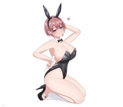  absurdres animal_ear_hairband animal_ears arm_behind_head black_bow black_bowtie black_hairband black_leotard black_sandals blue_eyes blush bow bowtie breasts cleavage closed_mouth commentary covered_navel detached_collar earrings eyelashes fake_animal_ears fake_tail female full_body go-toubun_no_hanayome hairband hand_on_own_hip heart high_heel_sandals high_heels highres jewelry kneeling large_breasts leotard nakano_ichika pink_hair playboy_bunny rabbit_ear_hairband rabbit_ears rabbit_tail sandals senpaisif short_hair simple_background smile solo strapless strapless_leotard tail toes white_background wrist_cuffs 