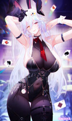  absurdres animal_ears arm_belt arms_up artist_name bare_shoulders black_bodystocking black_hat black_leotard breasts card chinese_commentary closed_mouth commentary_request covered_navel cowboy_shot female hair_ornament hat heterochromia highleg highleg_leotard highres huge_breasts indoors jianshu leotard long_hair necktie original playboy_bunny playing_card rabbit_ears red_eyes red_necktie smile solo thigh_gap top_hat white_hair wrist_cuffs yellow_eyes 